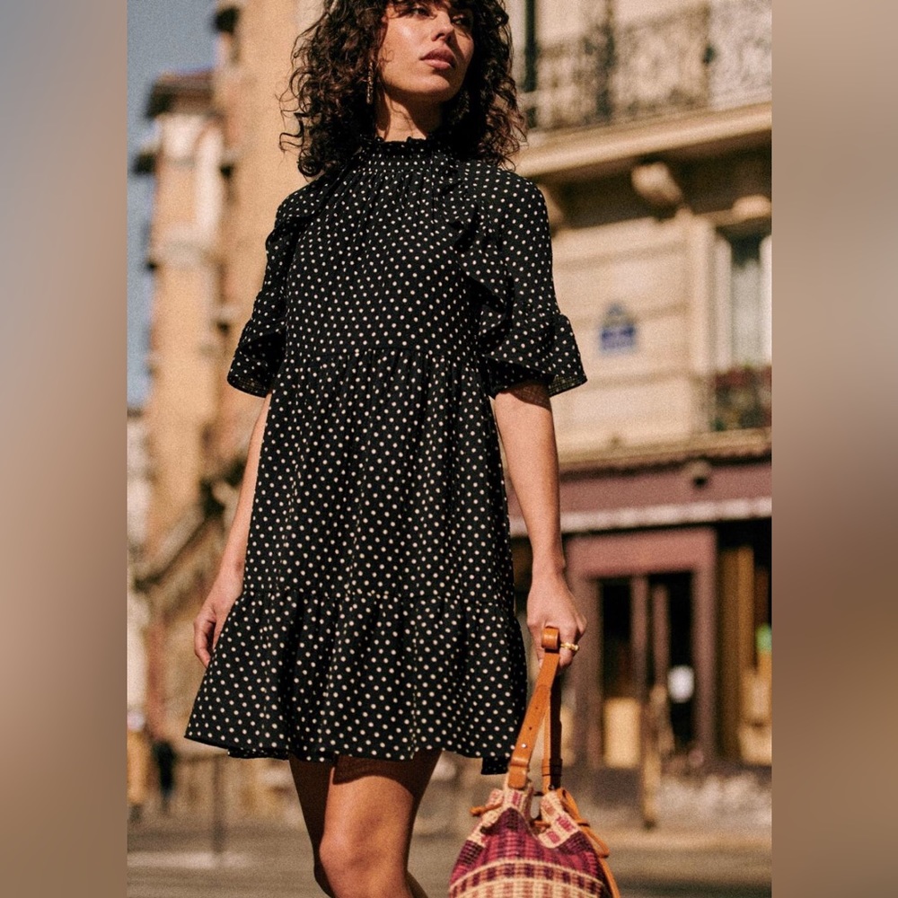 Elegant Sézane Black Polka Dot Dress